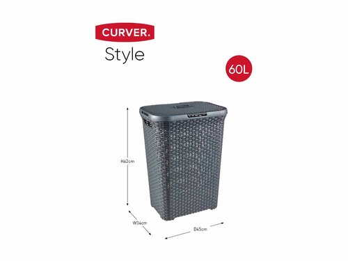 Curver STYLE W�schebox 60L + W�schekorb 45L, anthrazit, Griffe, Rattan-Oberfl�che, robust, BTH 592 x 380 x 615 mm