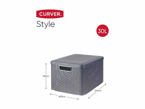 Curver STYLE Box 3er-Set S/M/L mit Deckel, anthrazit, multifunktional, mit komfortablen Griffen, stapelbar, Rattan-Oberfl�che, BTH 445 x 330 x 248 mm