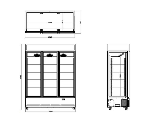vaiotec TOPLINE 1500 Getr�nkek�hlschrank, Schwarz, 3 Fl�gelt�ren, 1360 Liter, Umluftk�hlung, Leuchtaufsatz, BTH 1640 x 742 x 2180 mm