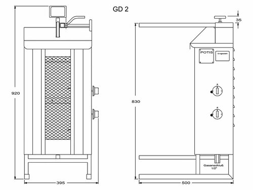Potis GD2/Fl�ssiggas D�nergrill, 7 kW, max. 30 kg Fleisch, BTH 500 x 650 x 920 mm