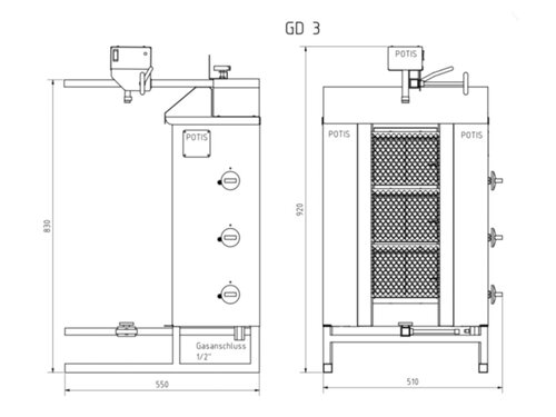 Potis GD3/Erdgas D�nergrill, 10,5 kW, max. 40 kg Fleisch, BTH 525 x 680 x 920 mm