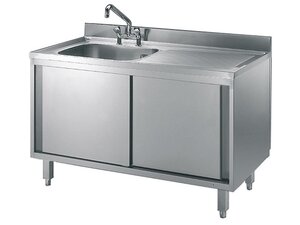 Edelstahl Sp�lschrank PREMIUM, 1 Becken links, Schiebet�ren, Aufkantung, BTH 1200 x 700 x 850 mm